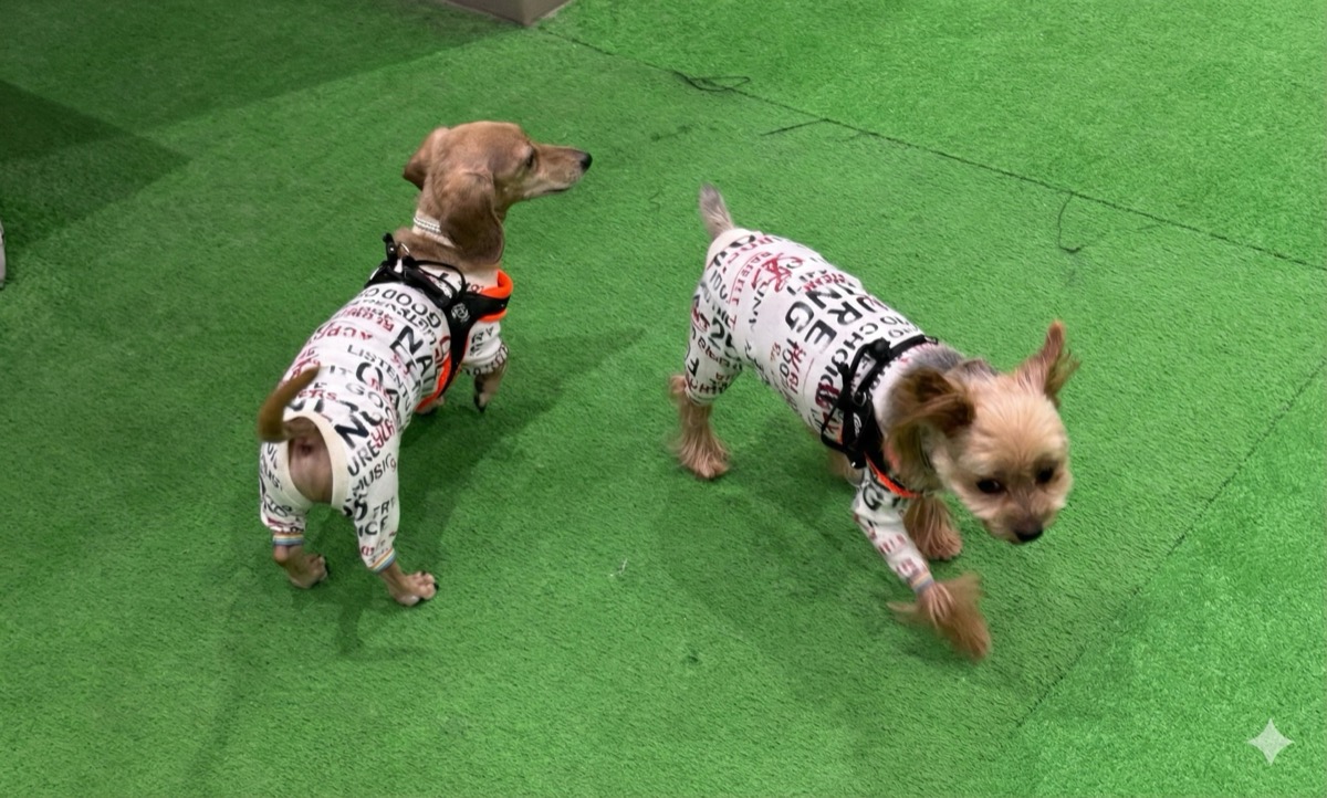 愛犬がオーダーメイドの犬服を着ている様子